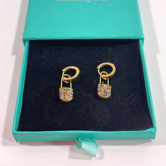 Safety Pin Earrings for Women, Cubic Zirconia Huggie , 14k Gold Plated - Picture 1 of 8